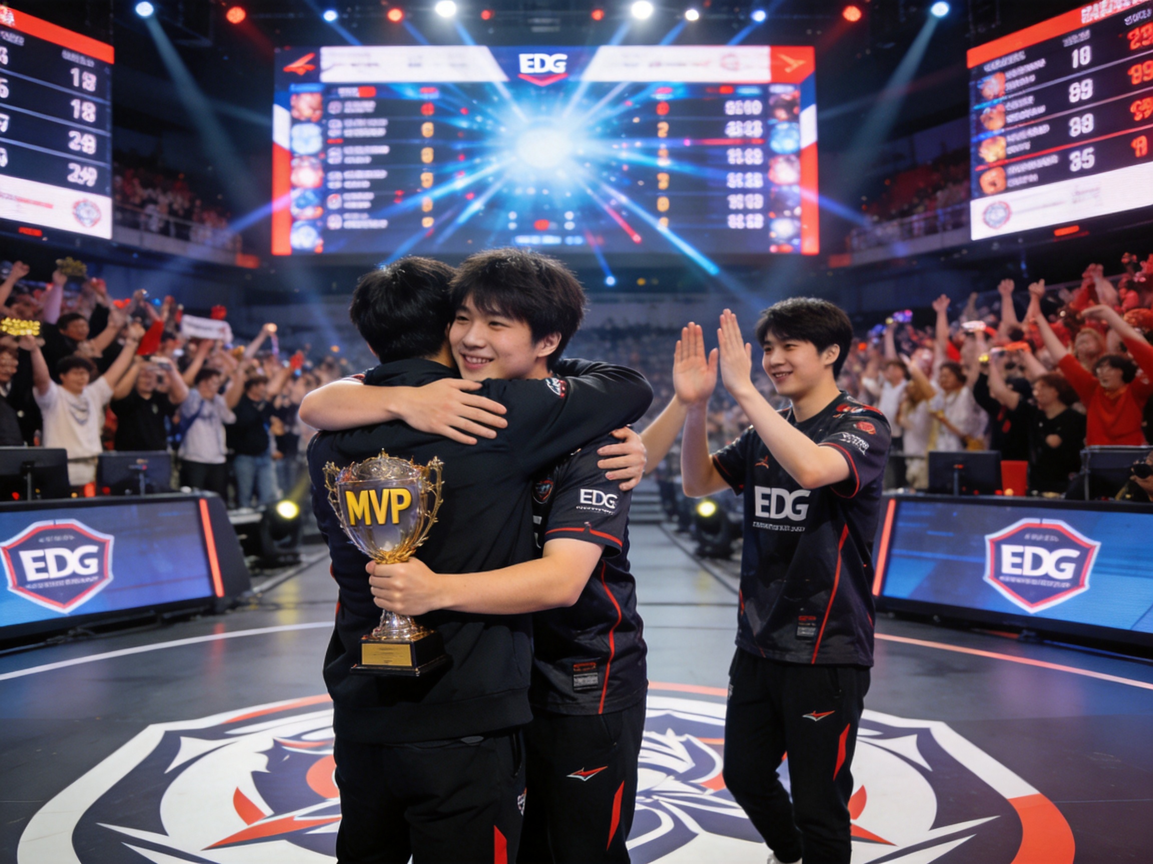 LPL夏季赛EDG获胜后的赛场庆祝画面
